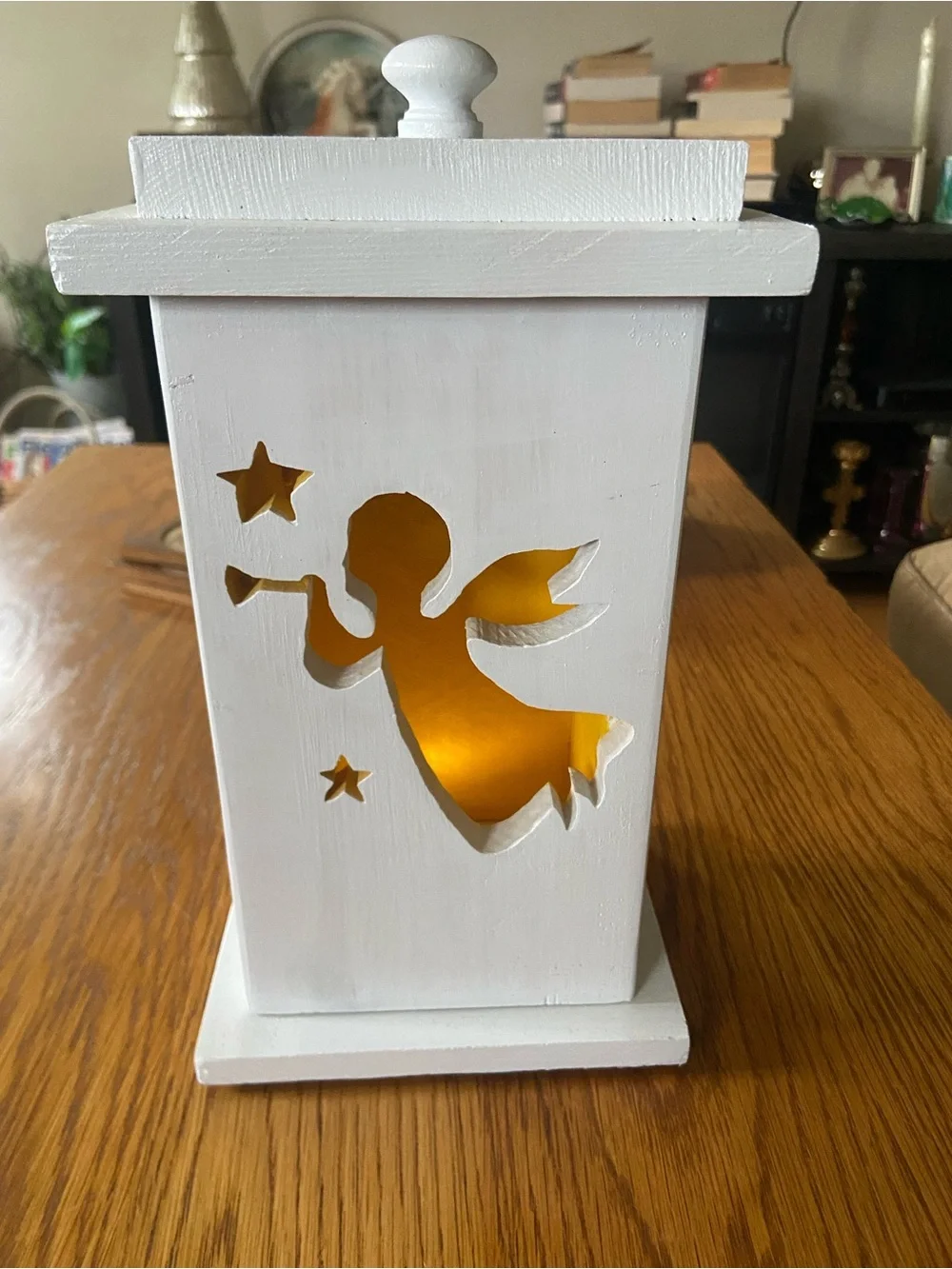 Holiday White Angel Cutout Wooden Lantern -